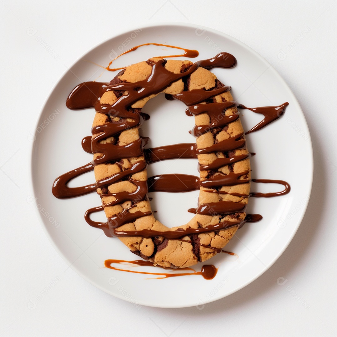 Prato de comida bolo com calda de chocolate fundo isolado