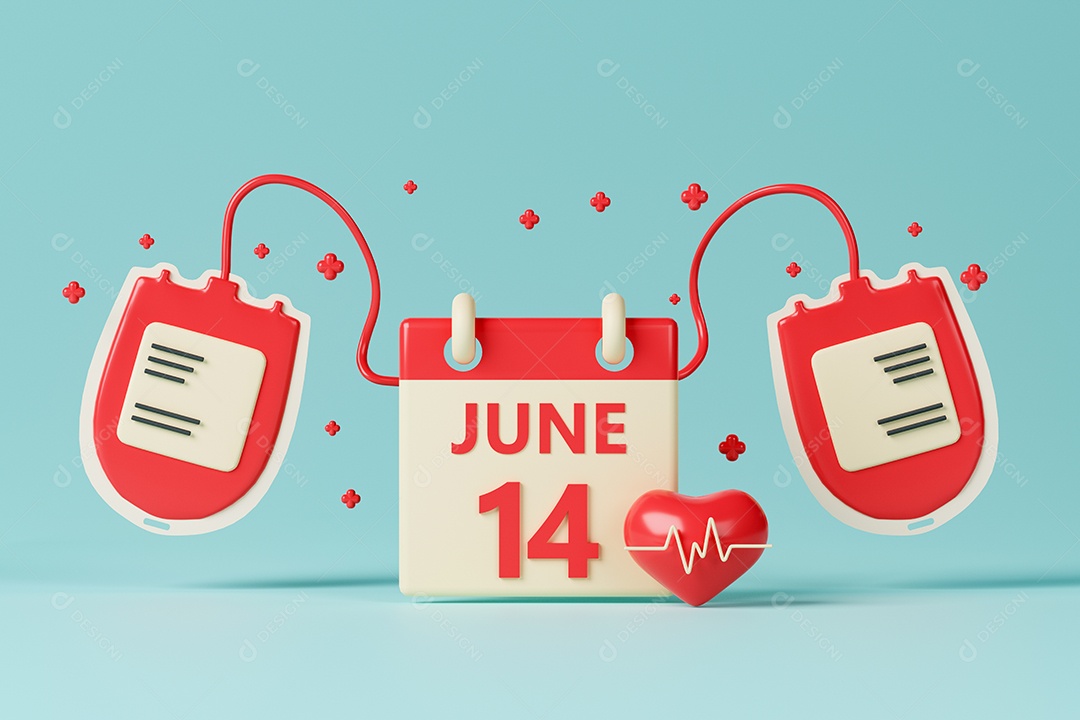 Ilustração 3d do conceito do dia mundial do doador de sangue. Bolsa de sangue e coração com o calendário de 14 de junho.