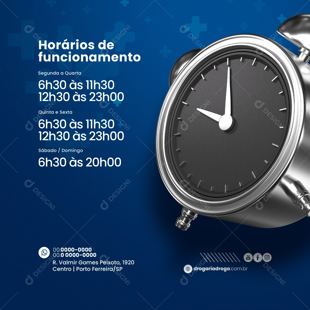 Horário de Funcionamento Farmácia Drogaria Social Media PSD Editável
