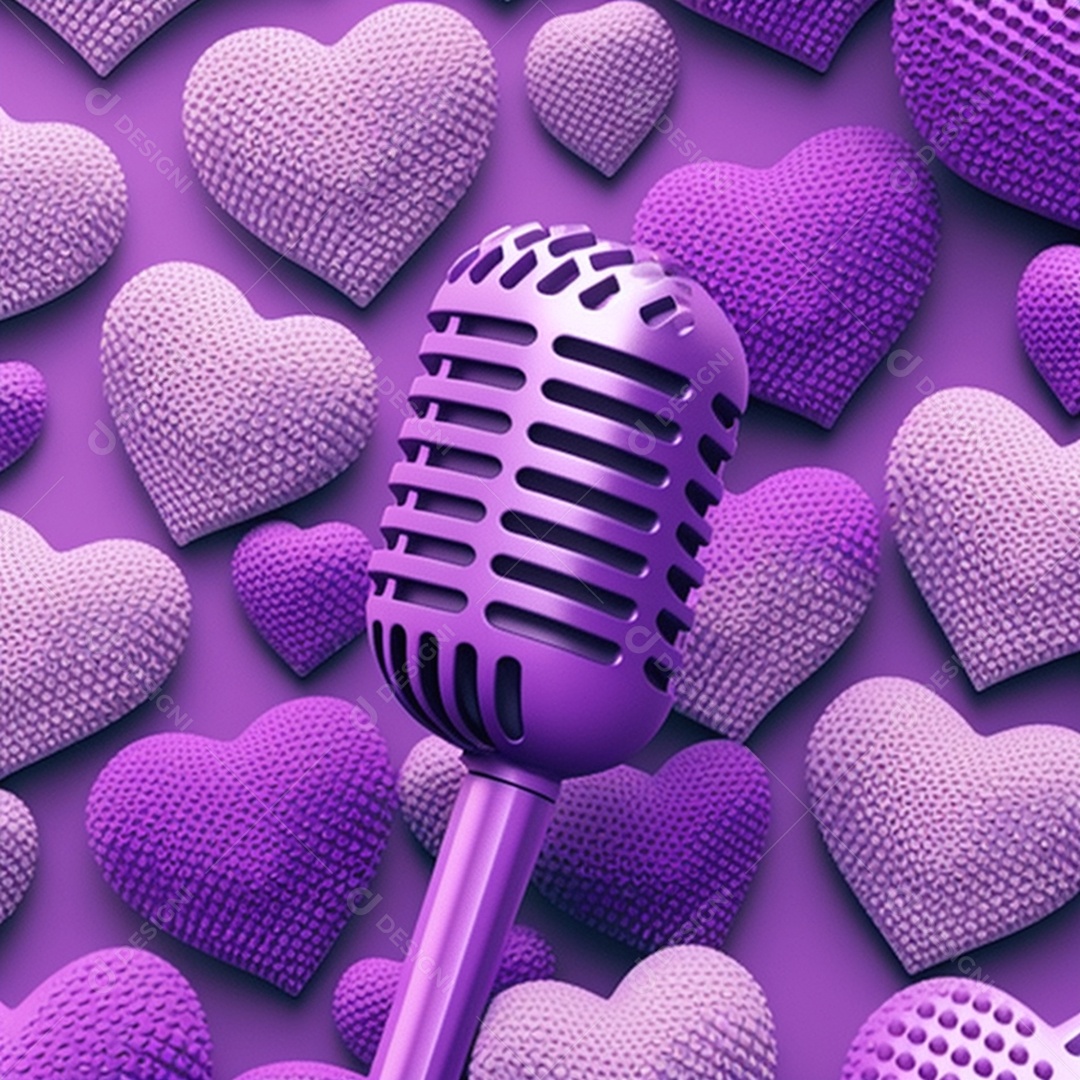 Background de microfone com corações roxos