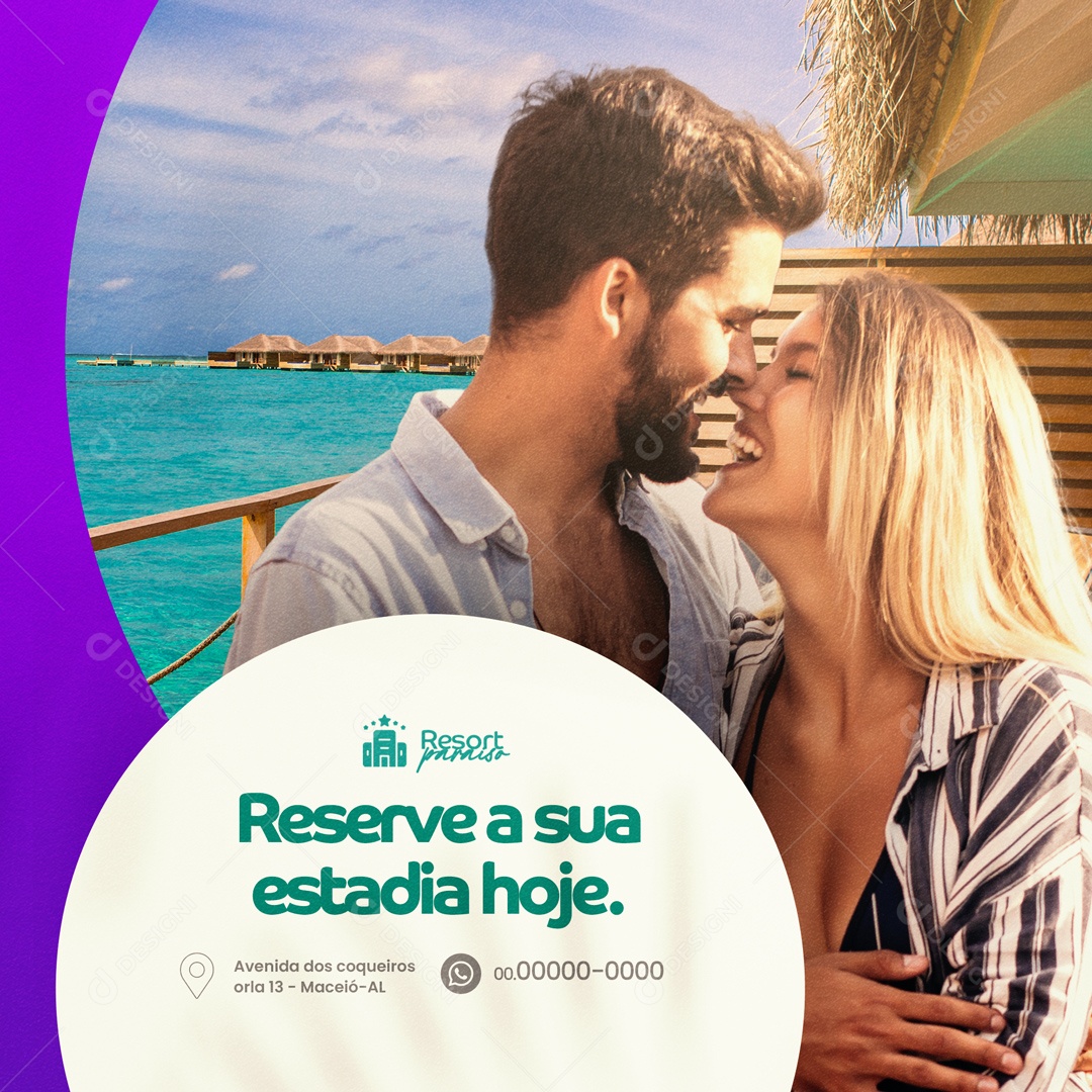 Reserve a Sua Estadia Hoje. Resort Hotel Social Media PSD Editável