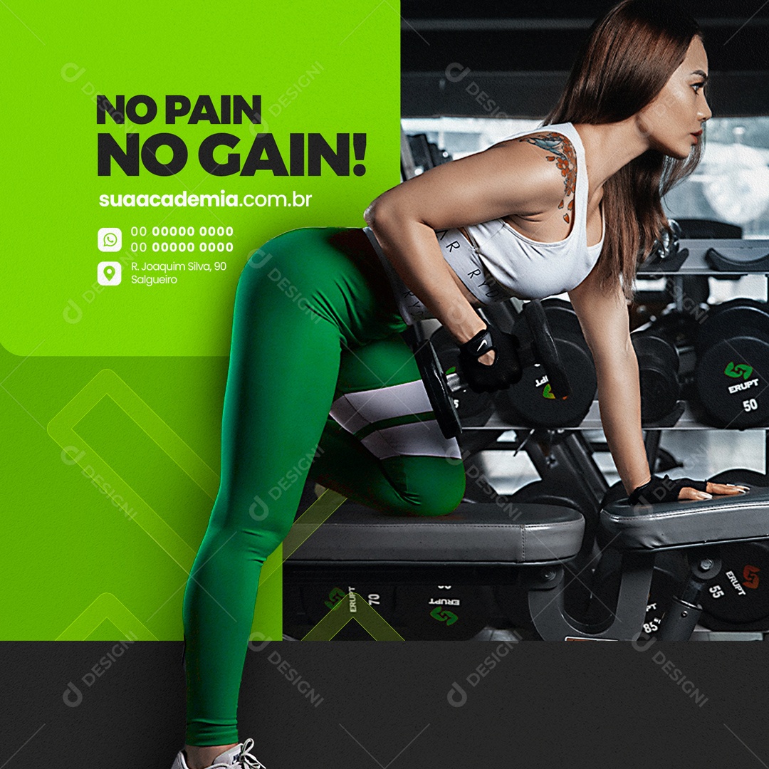 No Pain No Gain! Academia Social Media PSD Editável