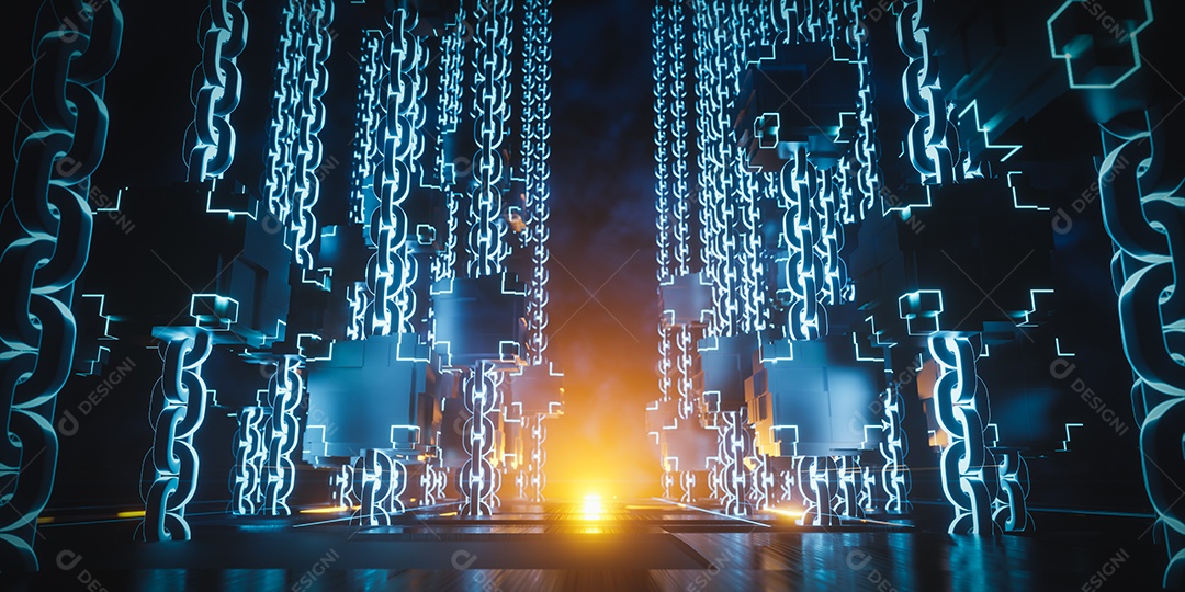 3D render corredor de metal escuro com luz laranja e linha de correntes.