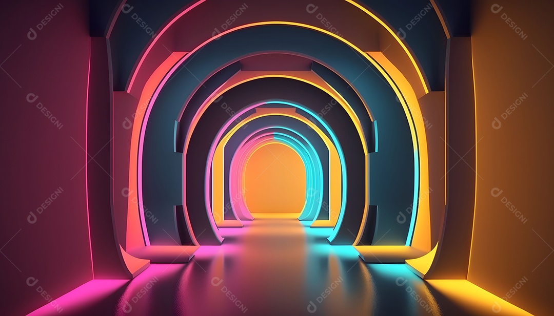 Fundo Futurista 3D Com Luzes Rosa Azul Amarelo Neon