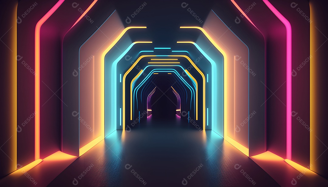 Fundo Futurista 3D Com Luzes Rosa Azul Amarelo Neon