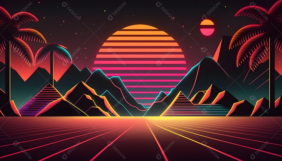 Cenário De Verão Futurista Multicolorido Com Luz Neon