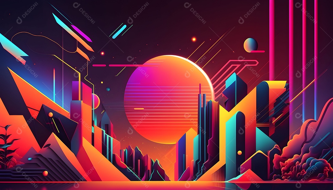 Cenário De Verão Futurista Multicolorido Com Luz Neon