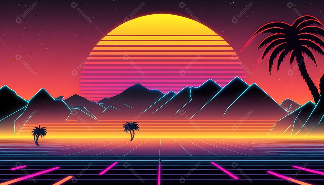 Cenário De Verão Futurista Multicolorido Com Luz Neon