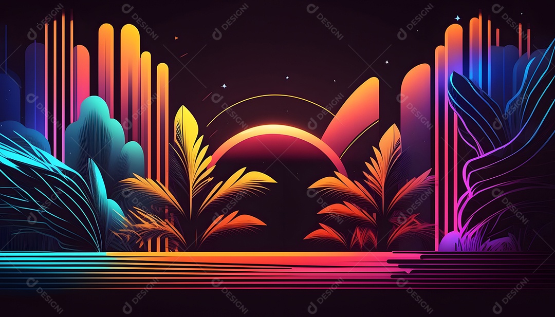 Cenário De Verão Futurista Multicolorido Com Luz Neon