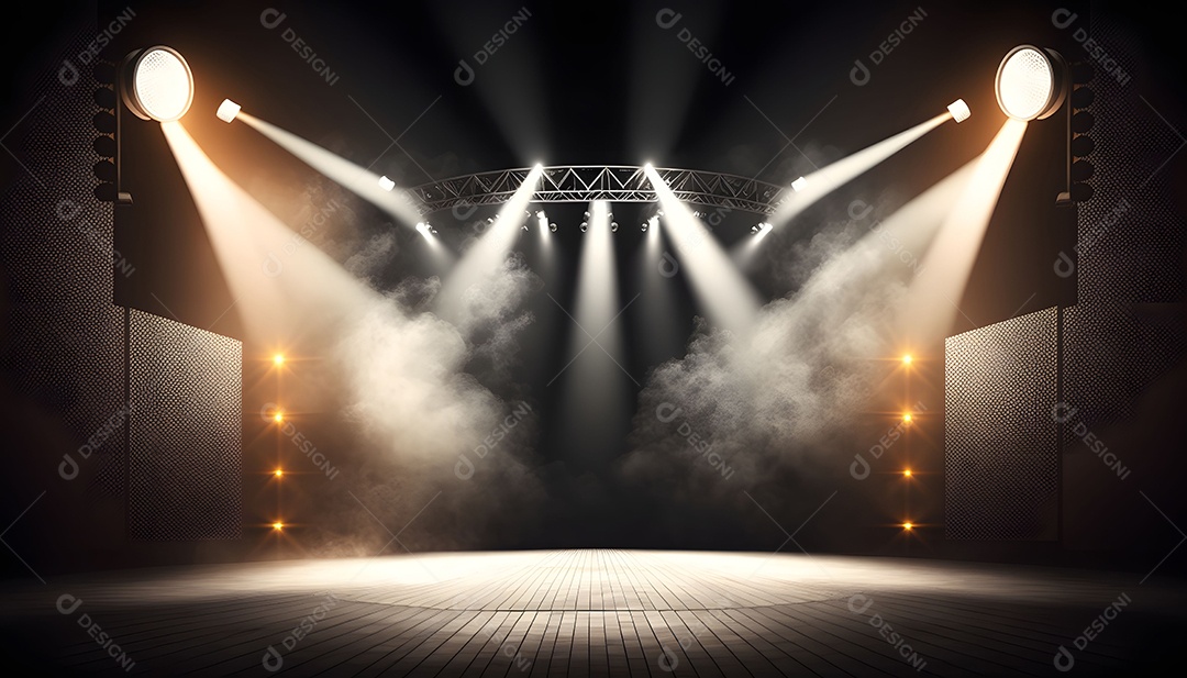 Cenário De Palco De Show Com Holofotes Luzes Coloridas Fumaças