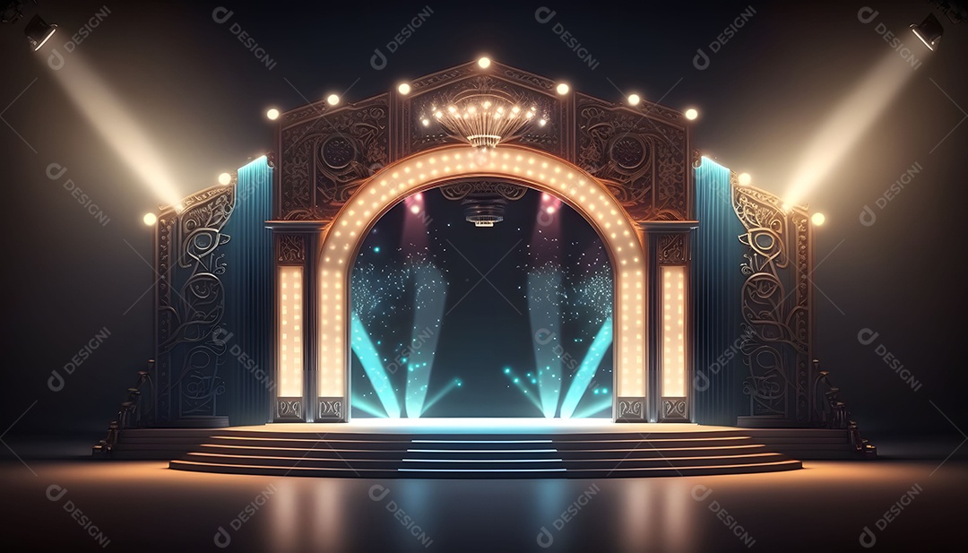 Cenário De Palco De Show Com Holofotes e Luzes Coloridas