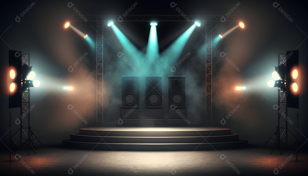 Cenário De Palco Com Holofotes Com Luzes Coloridas e Fumaças