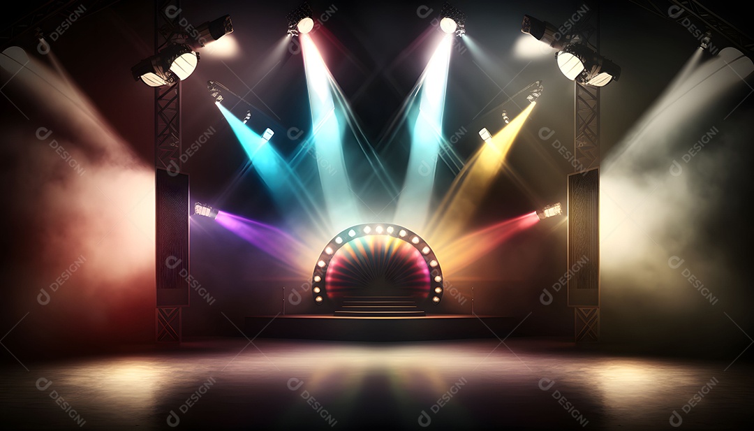 Cenário De Palco Com Holofotes Com Luzes Iluminando e Fumaças