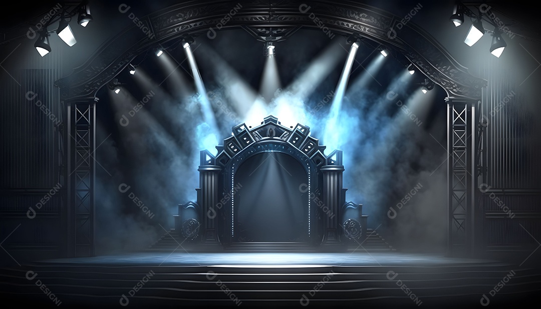 Cenário De Palco Com Holofotes Com Luzes Iluminando e Fumaças