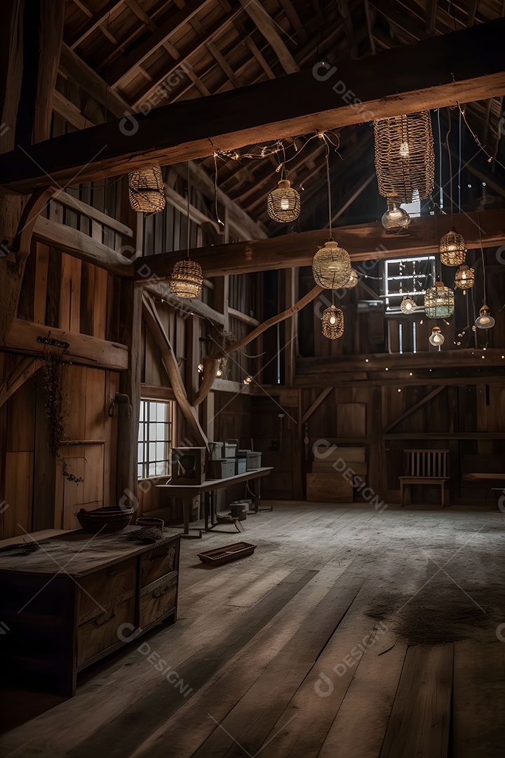 Cenário De Palco No Celeiro Velho Com Lâmpadas Penduradas