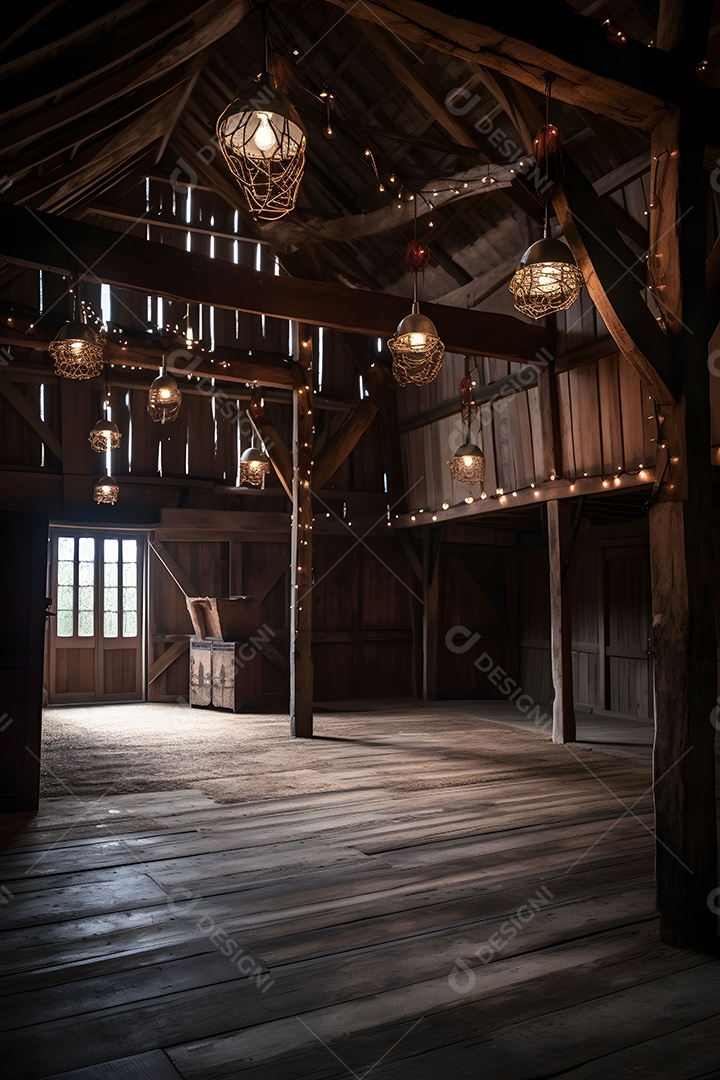 Cenário De Palco No Celeiro Velho Com Lâmpadas Penduradas
