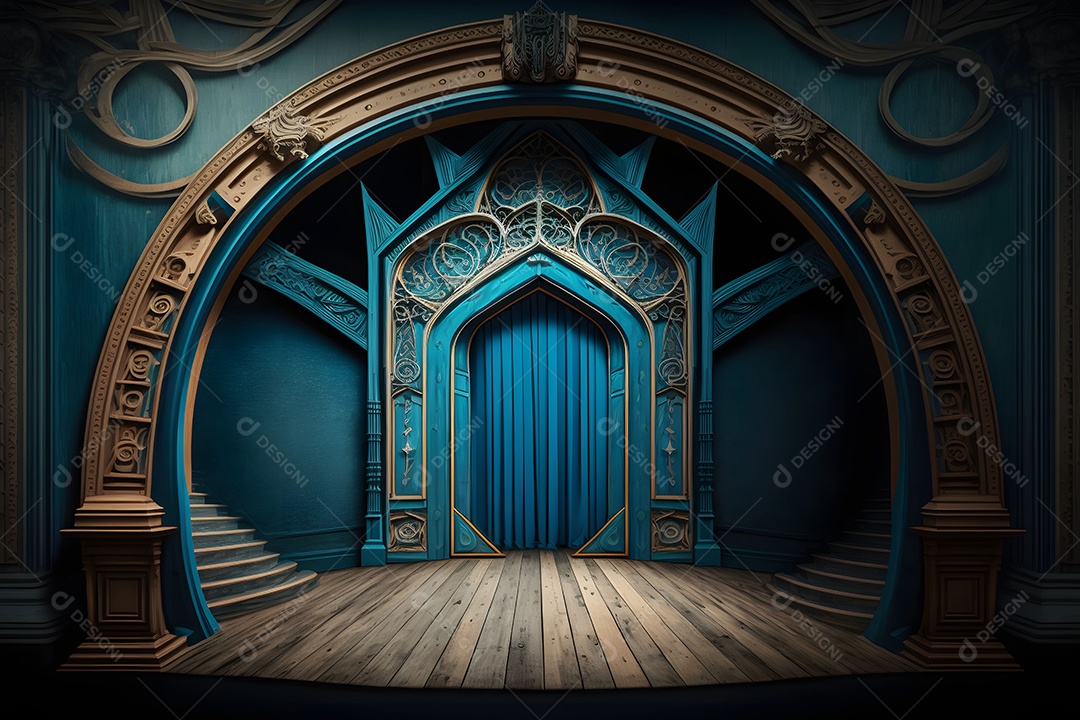 Cenário De Palco De Madeira Azul Imagem Inteligência Artificial