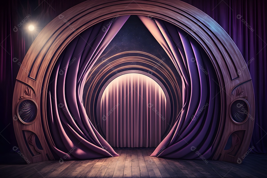 Foto Profissional De Palco Com Círculo De Luz e Cortinas Roxa