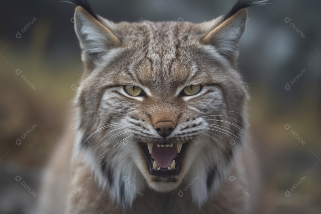 Lince irritado com as orelhas para trás e mostrando os dentes olhando para a câmera