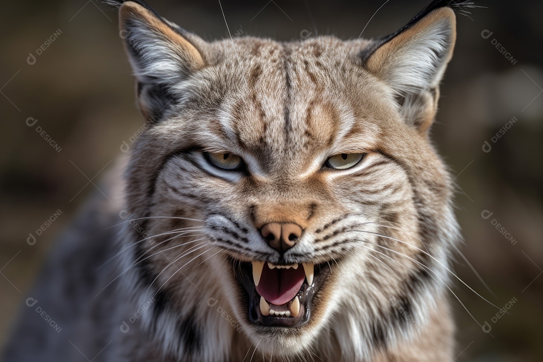 Lince irritado com as orelhas para trás e mostrando os dentes olhando para a câmera