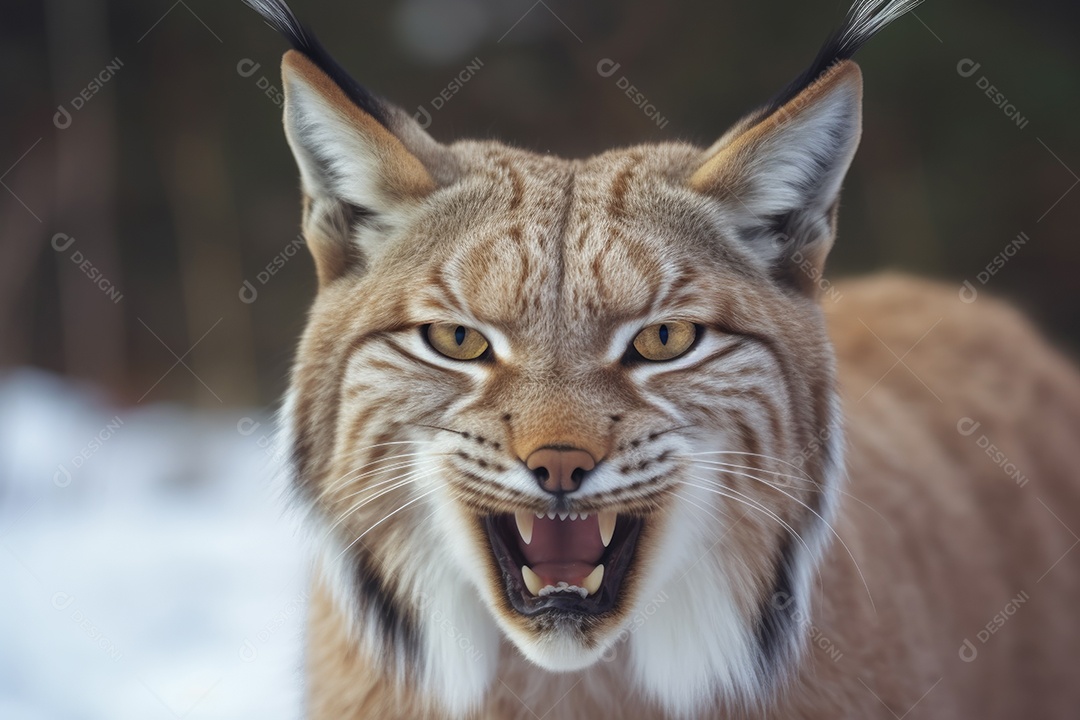 Lince irritado com as orelhas para trás e mostrando os dentes olhando para a câmera