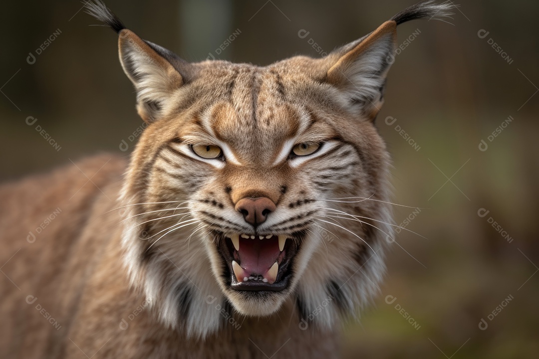 Lince irritado com as orelhas para trás e mostrando os dentes olhando para a câmera