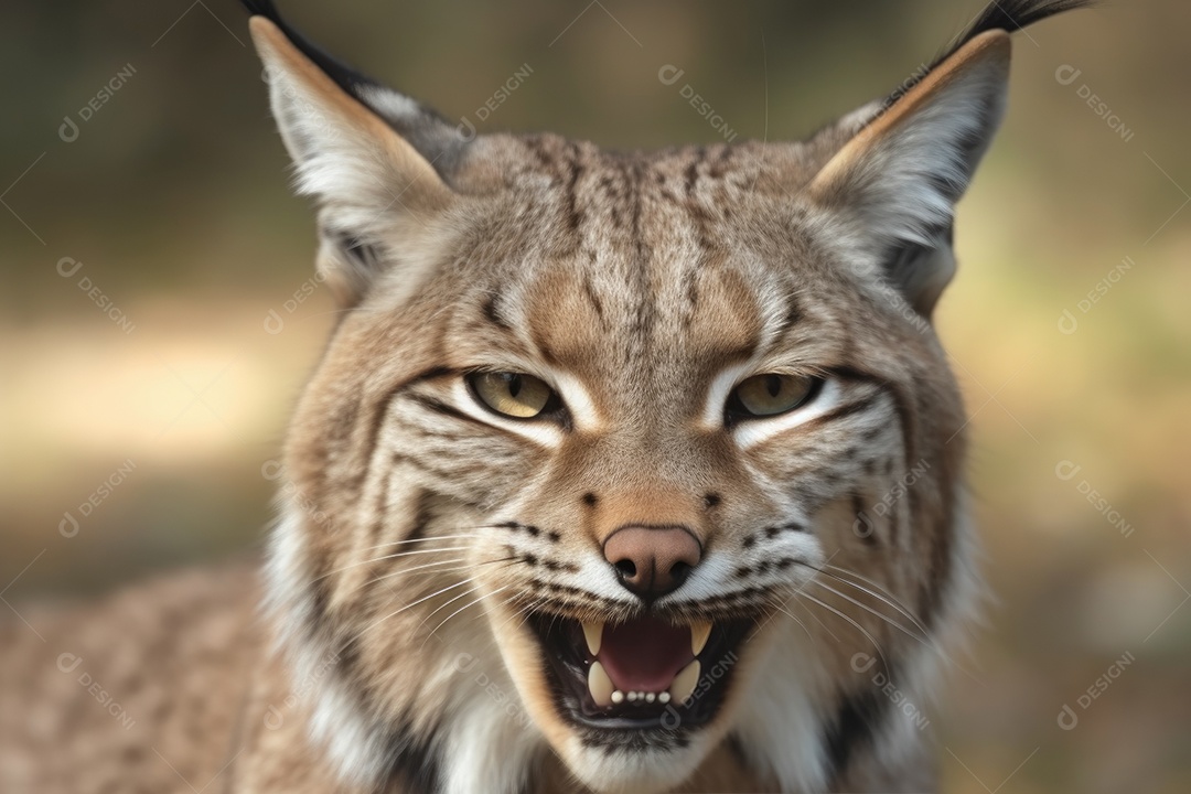 Lince irritado com as orelhas para trás e mostrando os dentes olhando para a câmera