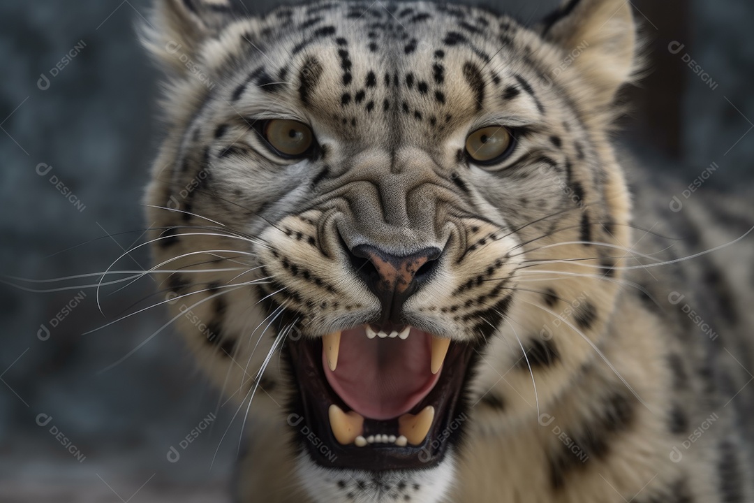 Leopardo-das-neves irritado com as orelhas para trás e mostrando os dentes olhando para a câmera