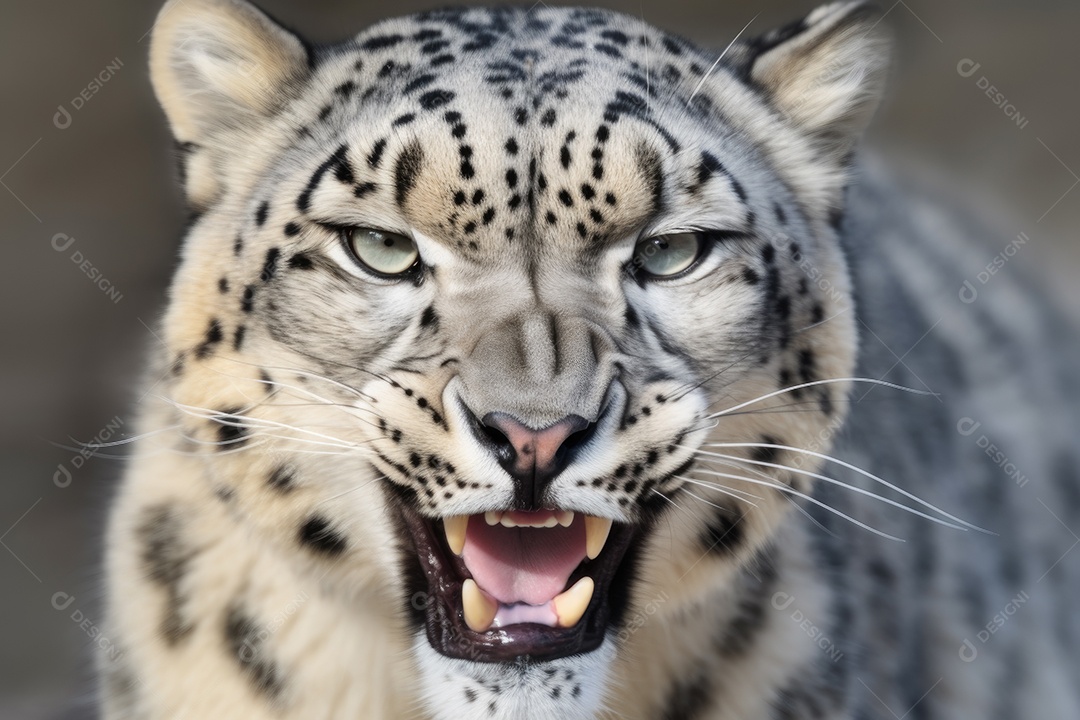 Leopardo-das-neves irritado com as orelhas para trás e mostrando os dentes olhando para a câmera