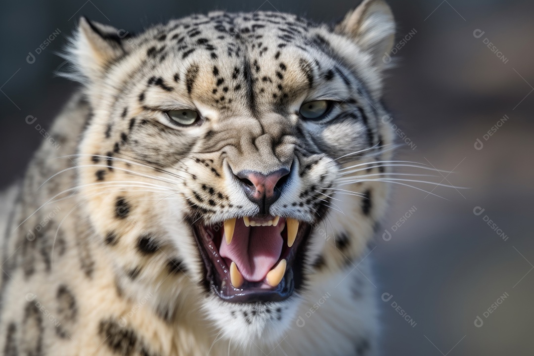 Leopardo-das-neves irritado com as orelhas para trás e mostrando os dentes olhando para a câmera