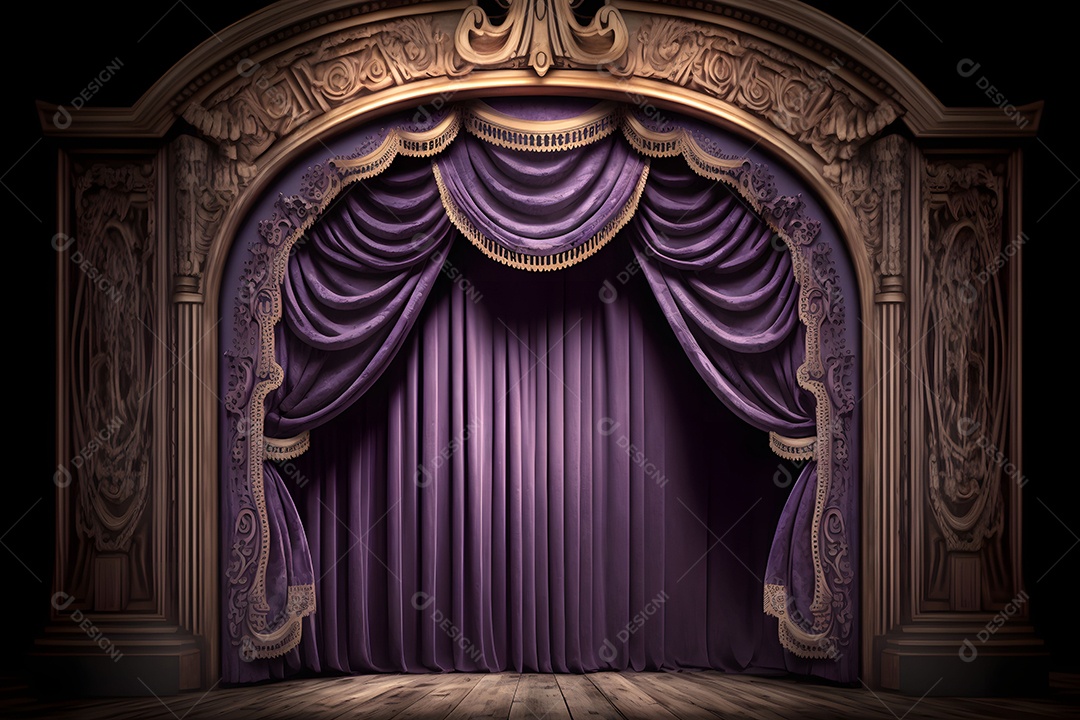 Cenário De Palco De Madeira Com Cortinas Roxas
