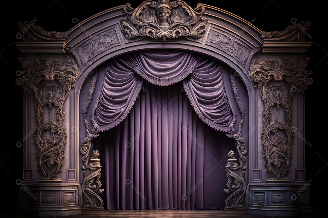 Cenário De Palco De Madeira Com Cortinas Roxas