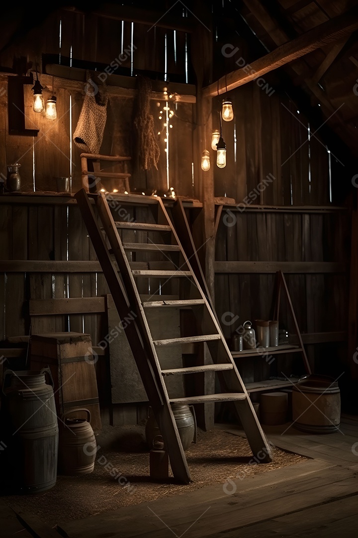 Cenário De Palco Velho Vintage Rústico Na Escada Do Celeiro