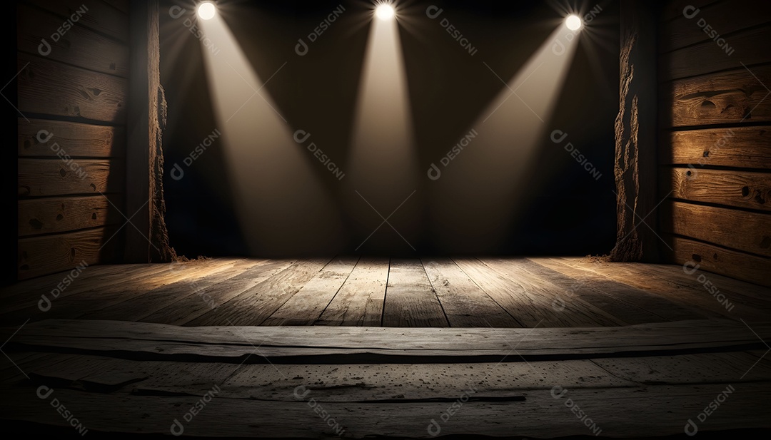 Palco Vazio De Madeira Com Holofotes Iluminando O Local