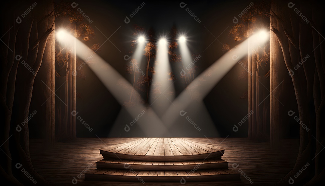 Palco Vazio De Madeira Com Holofotes Iluminando O Local