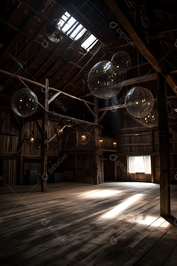 Cenário De Palco No Celeiro Com Lâmpadas Penduradas Imagem De Inteligência Artificial