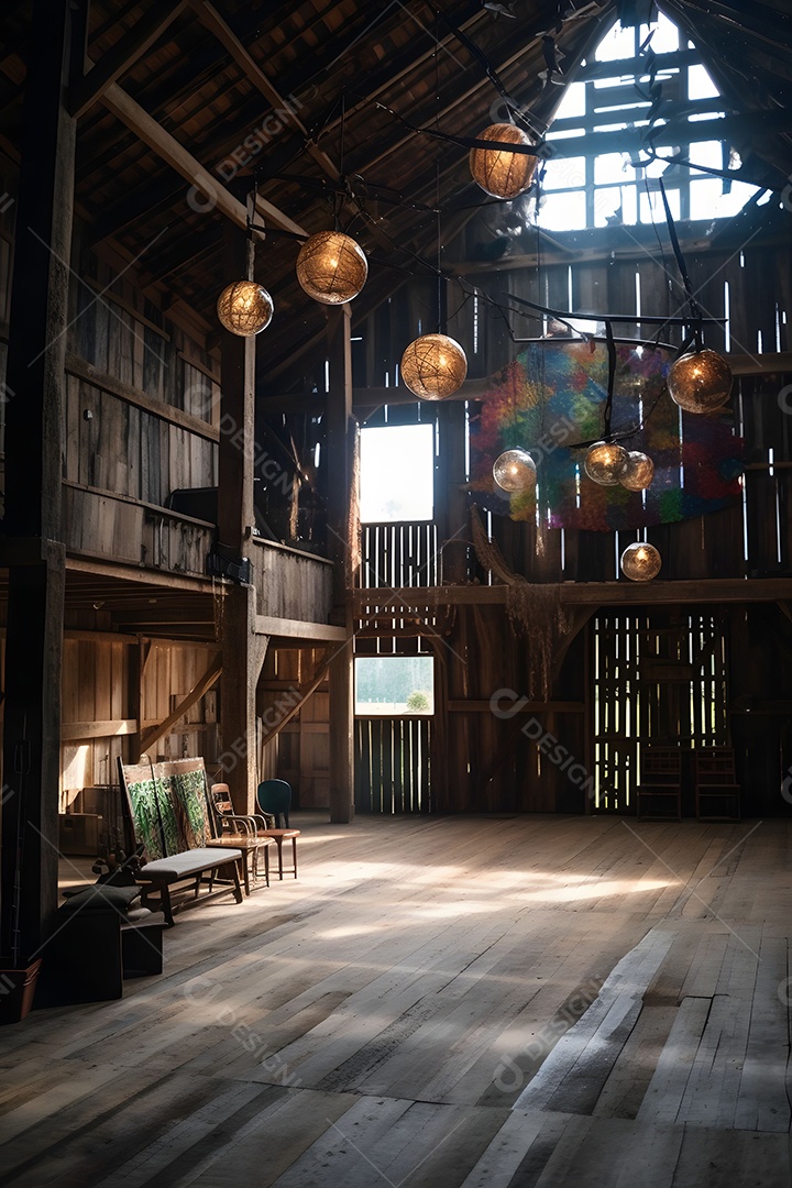 Cenário De Palco No Celeiro Com Lâmpadas Penduradas Imagem De Inteligência Artificial