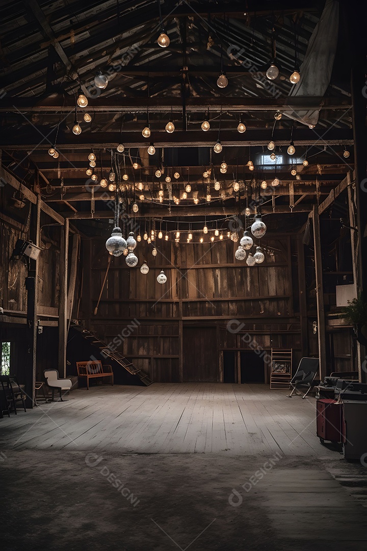 Cenário De Palco No Celeiro Com Lâmpadas Penduradas