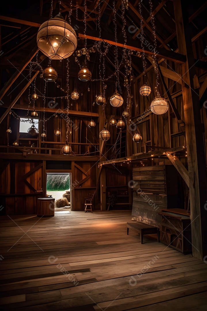 Cenário De Palco No Celeiro Com Lâmpadas Penduradas