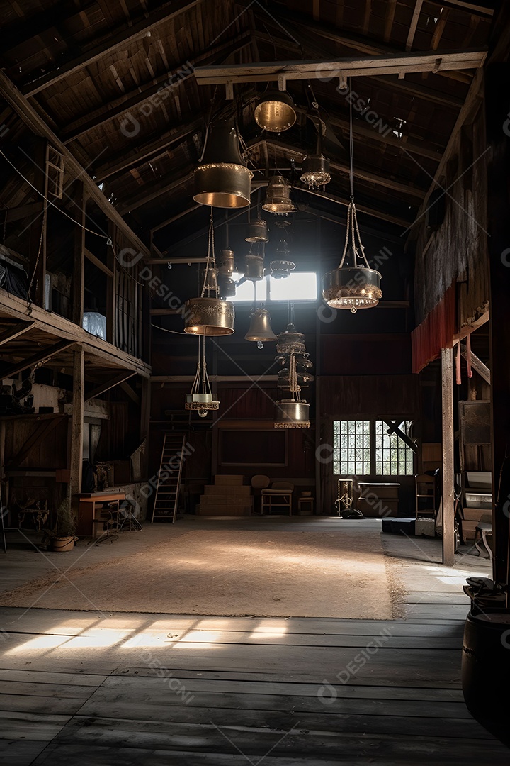 Cenário De Palco No Celeiro Com Lâmpadas Penduradas