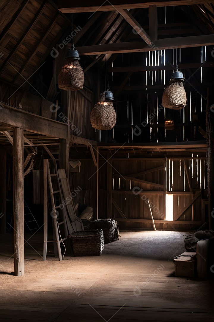 Cenário De Palco No Celeiro Com Lâmpadas Penduradas