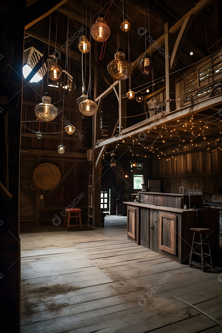 Cenário De Palco No Celeiro Com Lâmpadas Penduradas