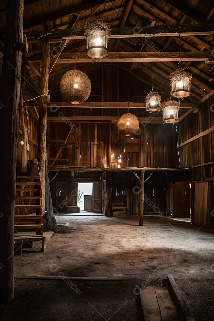 Cenário De Palco No Celeiro Com Lâmpadas Penduradas