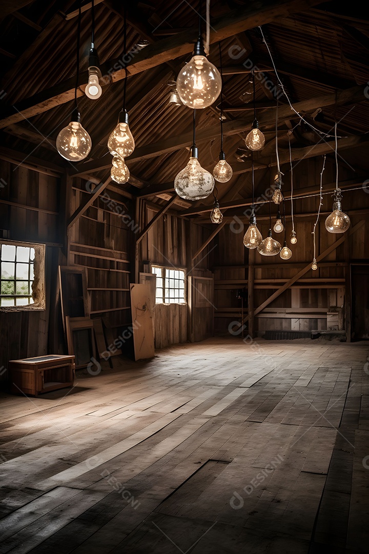 Cenário De Palco No Celeiro Com Lâmpadas Penduradas
