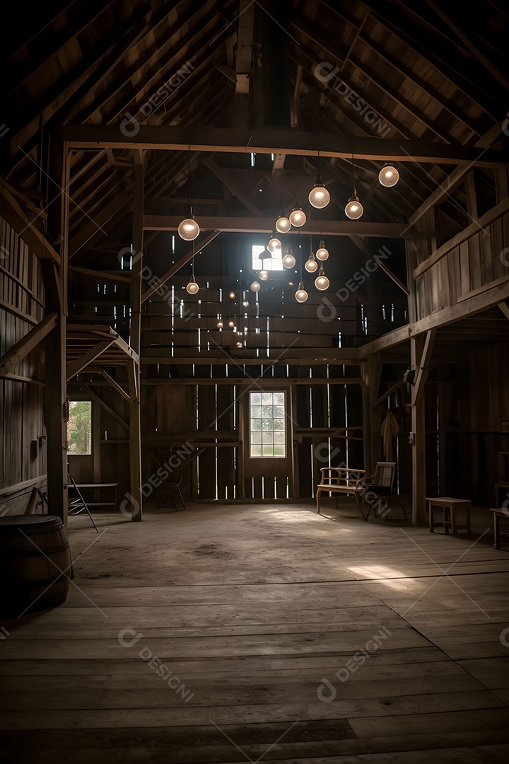 Cenário De Palco No Celeiro Com Lâmpadas Penduradas