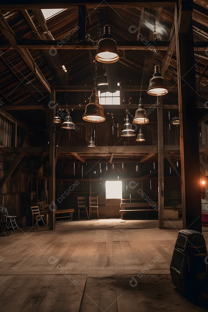 Cenário De Palco No Celeiro Com Lâmpadas Penduradas