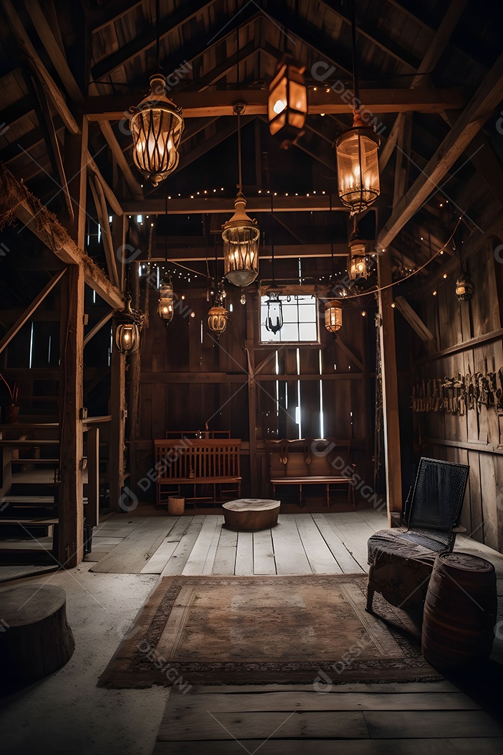 Cenário De Palco No Celeiro Com Lâmpadas Penduradas