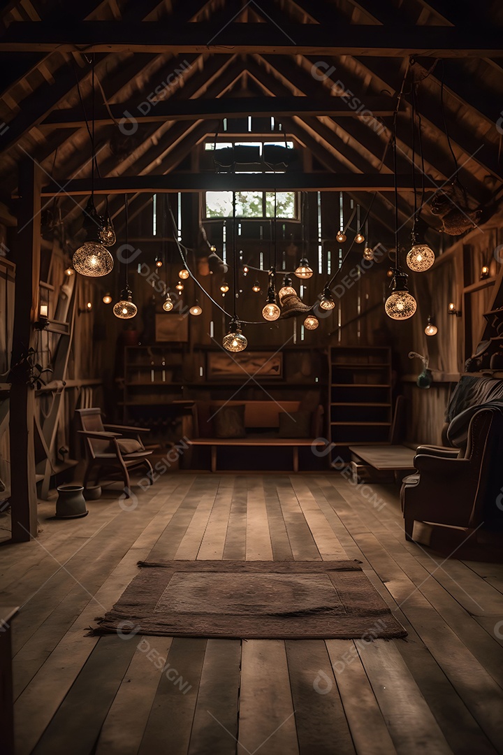 Cenário De Palco No Celeiro Com Lâmpadas Penduradas