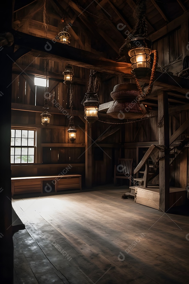 Cenário De Palco No Celeiro Com Lâmpadas Penduradas