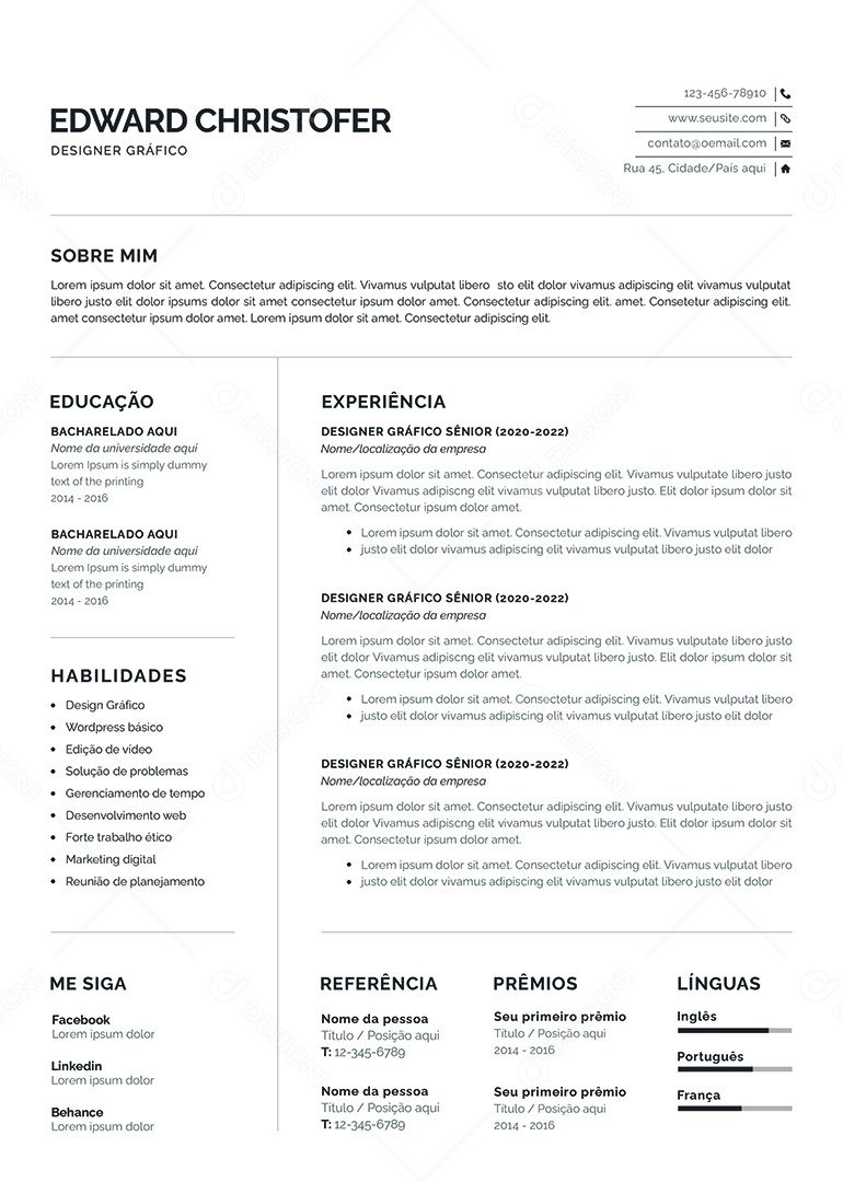 Modelo de Currículo Designer Gráfico PSD Editável